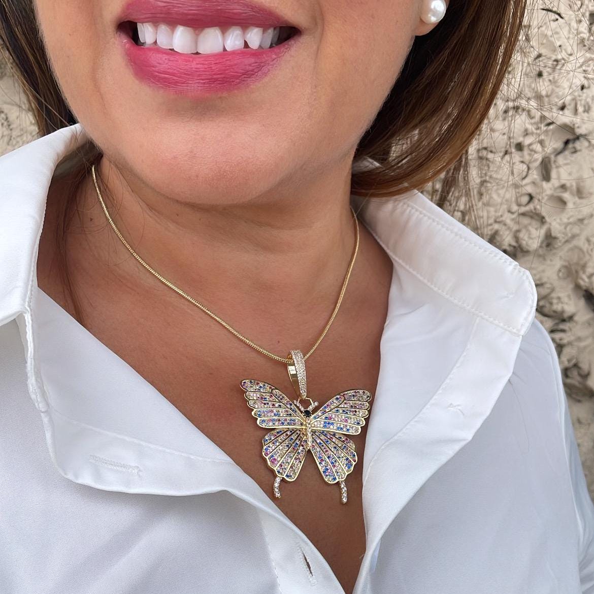 18k Gold Filled Colorful CZ Pave Extra-Large Butterfly Pendant