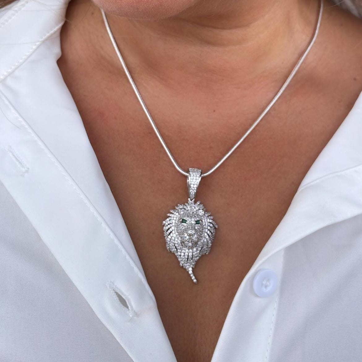 18k SilverFilled Medium Sized Lion Head Pendant With Emerald Green Eyes