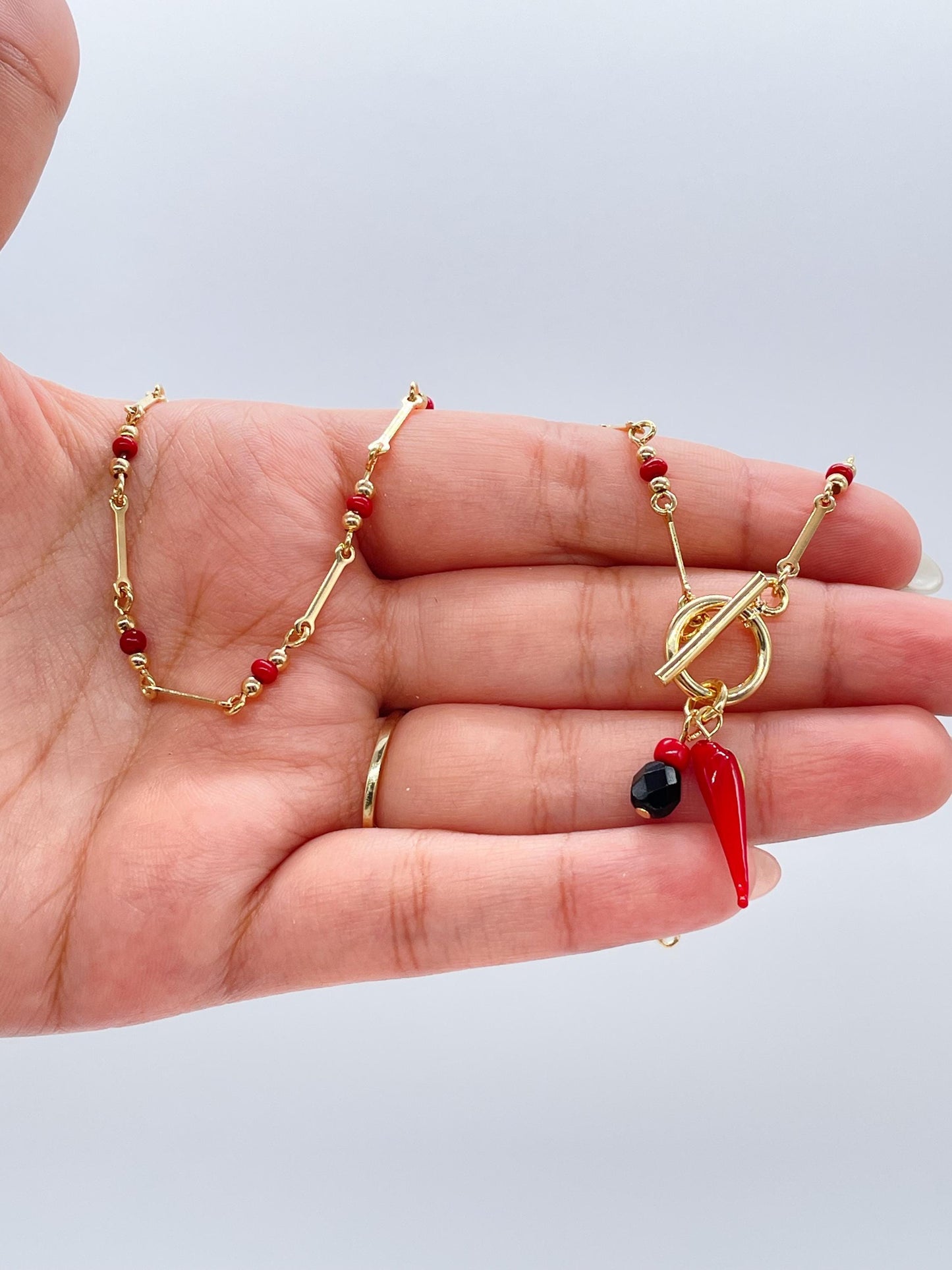 18k Gold Filled Dainty Natural Satellite Toggle Choker Necklace, with Azabache and Chili Pepper Protection Charm