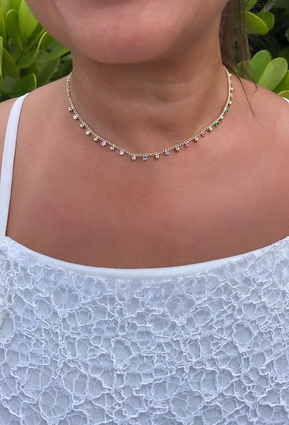 18k Gold Filled thin bead and colorful gem choker