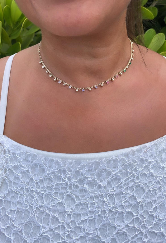 18k Gold Filled thin bead and colorful gem choker