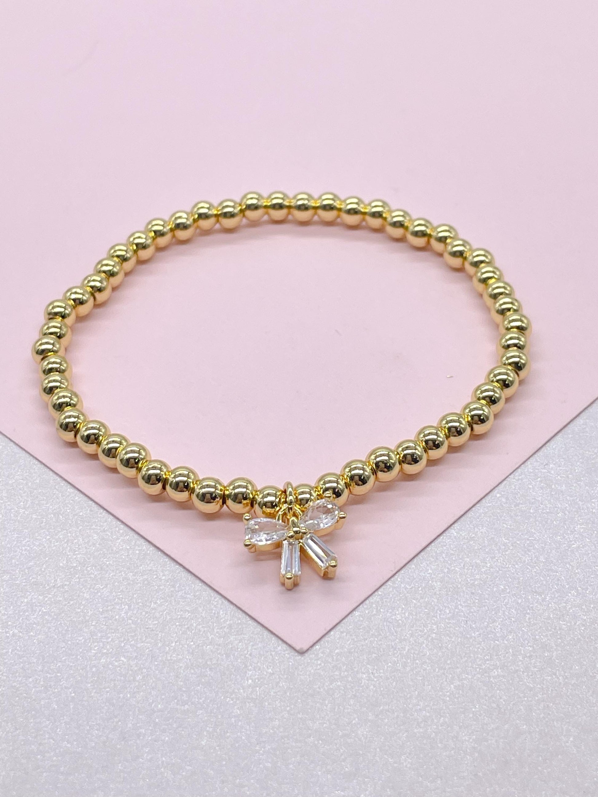 18k Gold Filled Elastic Classic 4mm Beaded Bracelet with CZ Dainty Bow