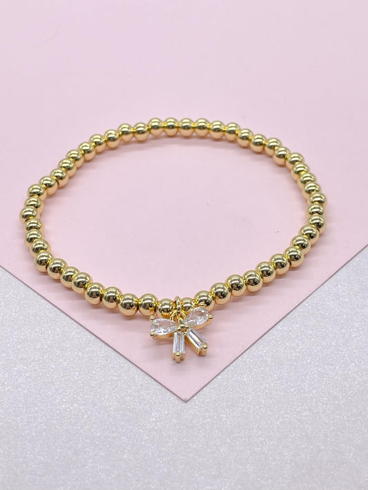 18k Gold Filled Elastic Classic 4mm Beaded Bracelet with CZ Dainty Bow