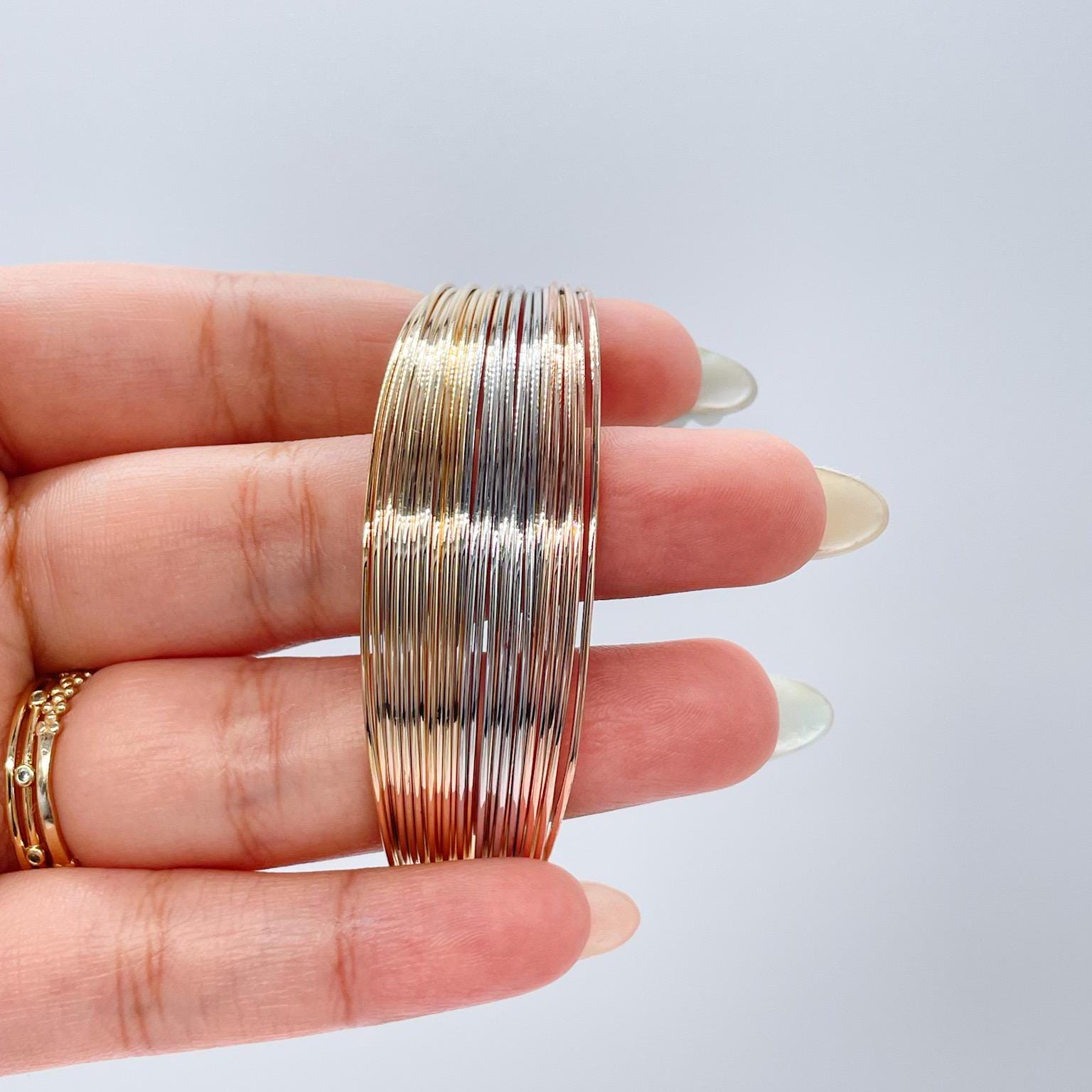 18k Gold Filled Tri-Color Wire Layered Bangle Cuff Bracelets