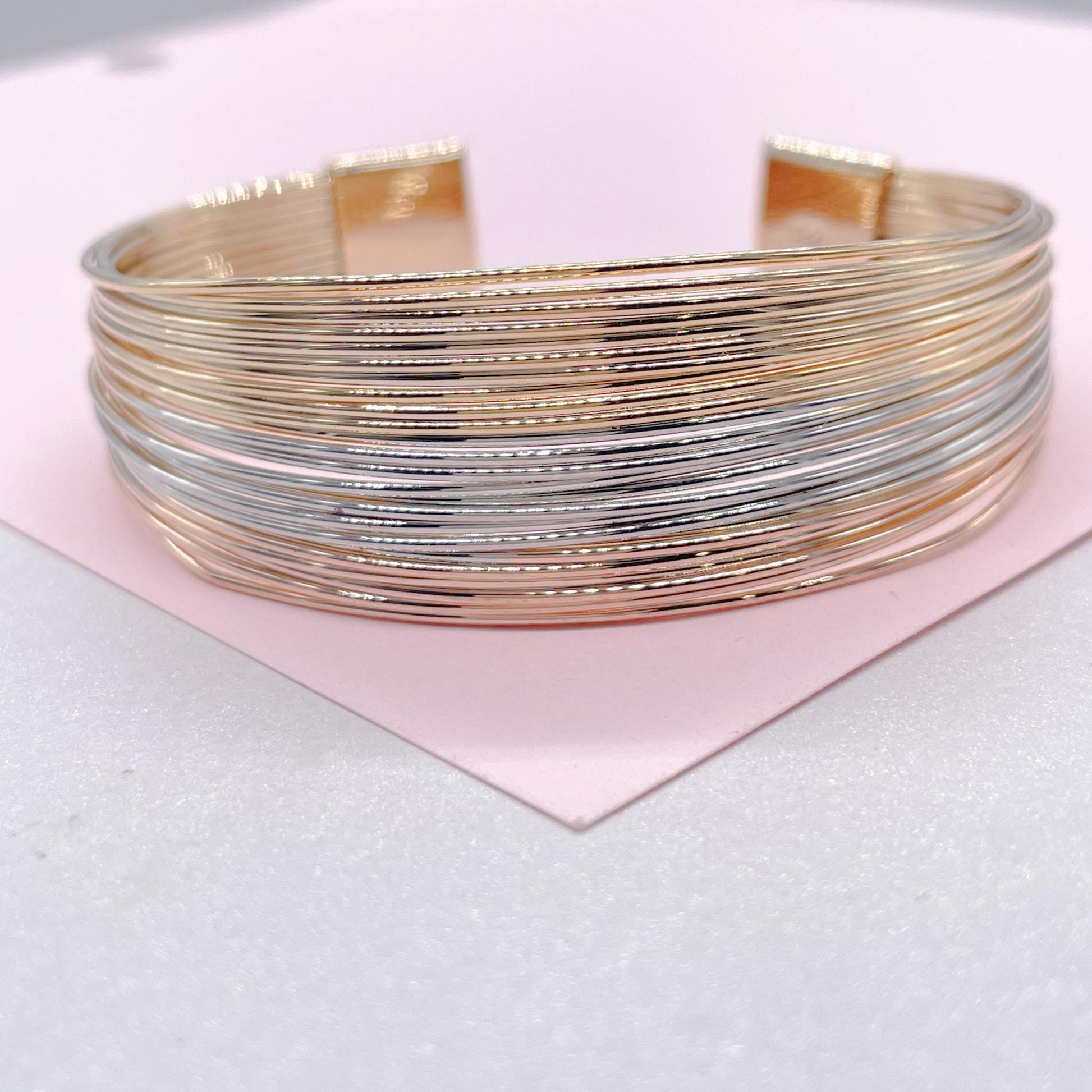 18k Gold Filled Tri-Color Wire Layered Bangle Cuff Bracelets