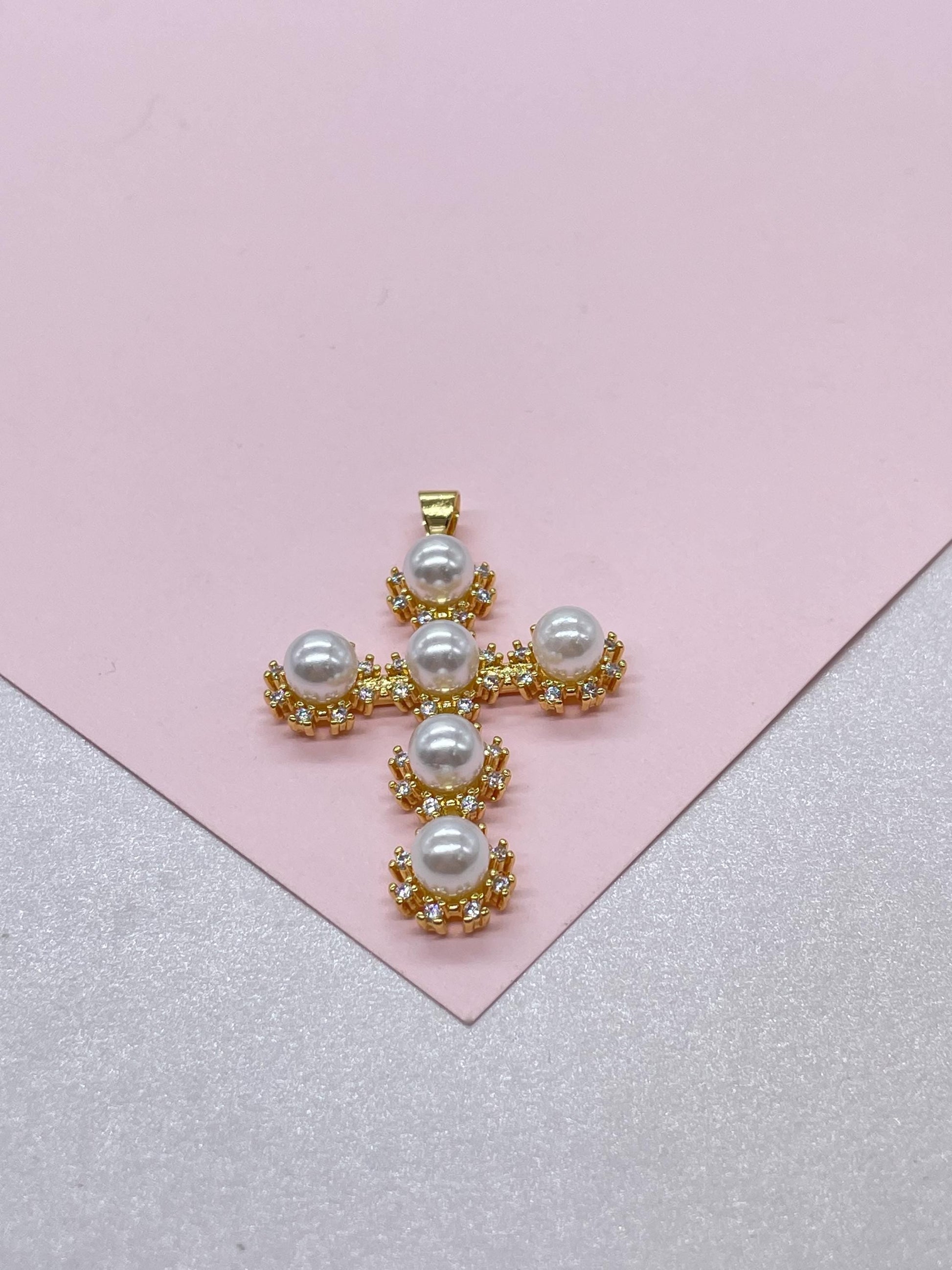 18k Gold Filled Faux All Around CZ Pearl Style Cross Pendant
