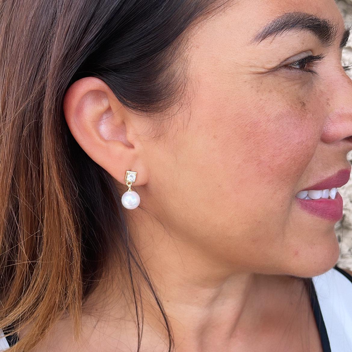 18k Gold Filled Circle Cut CZ Stone Earring With Large Hanging Pearl