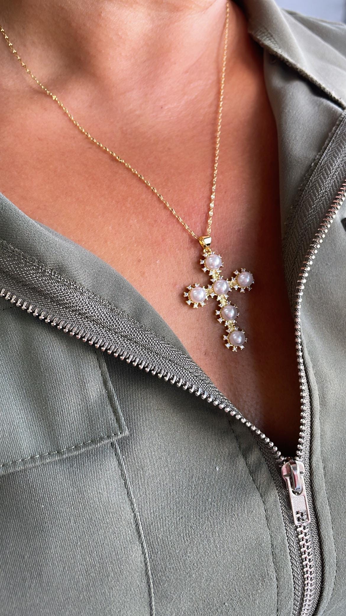 18k Gold Filled Faux All Around CZ Pearl Style Cross Pendant