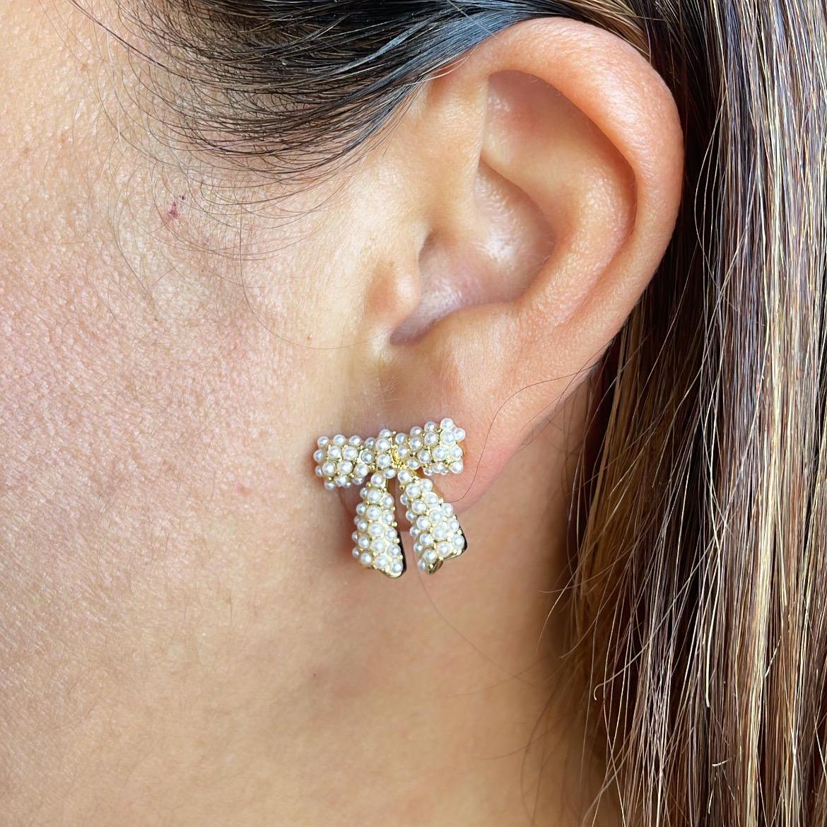 18k Gold Filled Bow Stud Earring With Engraved Baby Faux Pearl