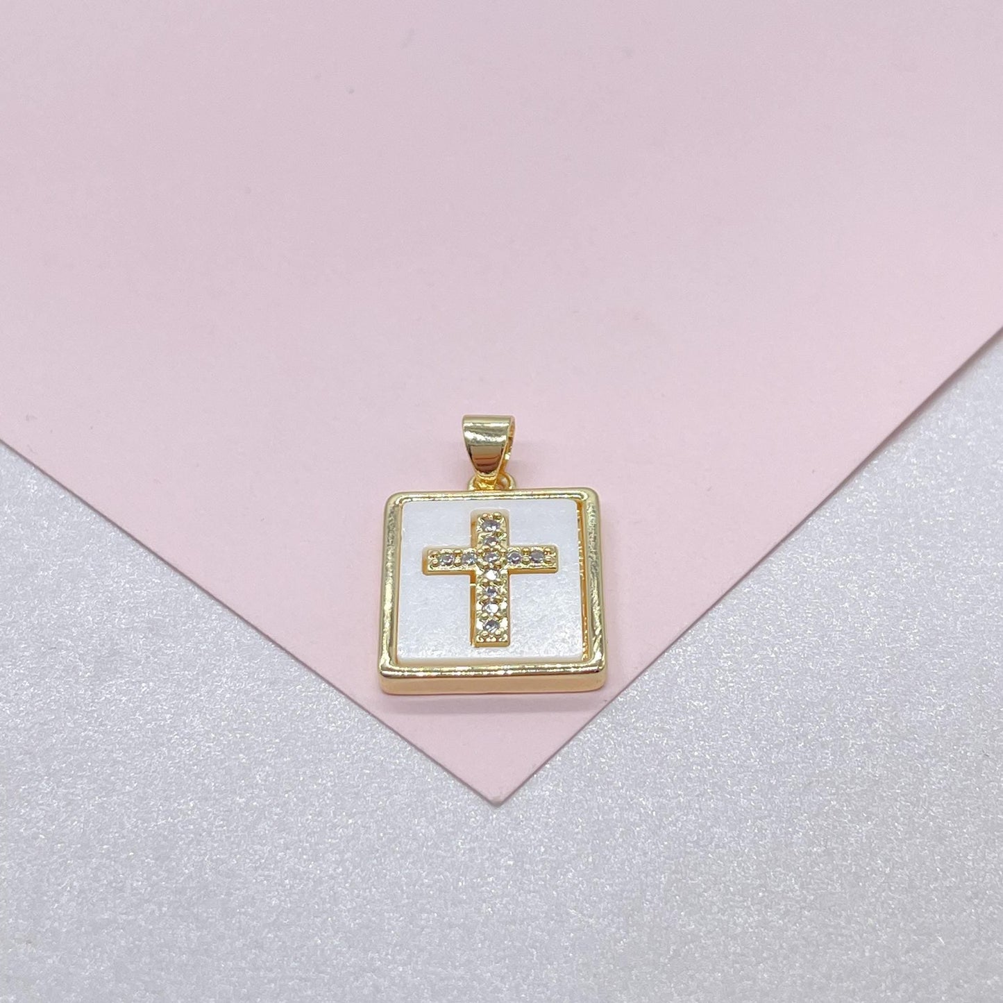18k Gold Filled Square Medallion Pendant with CZ Cross in Center, for chains, charm necklaces, bracelets, religious jewelry