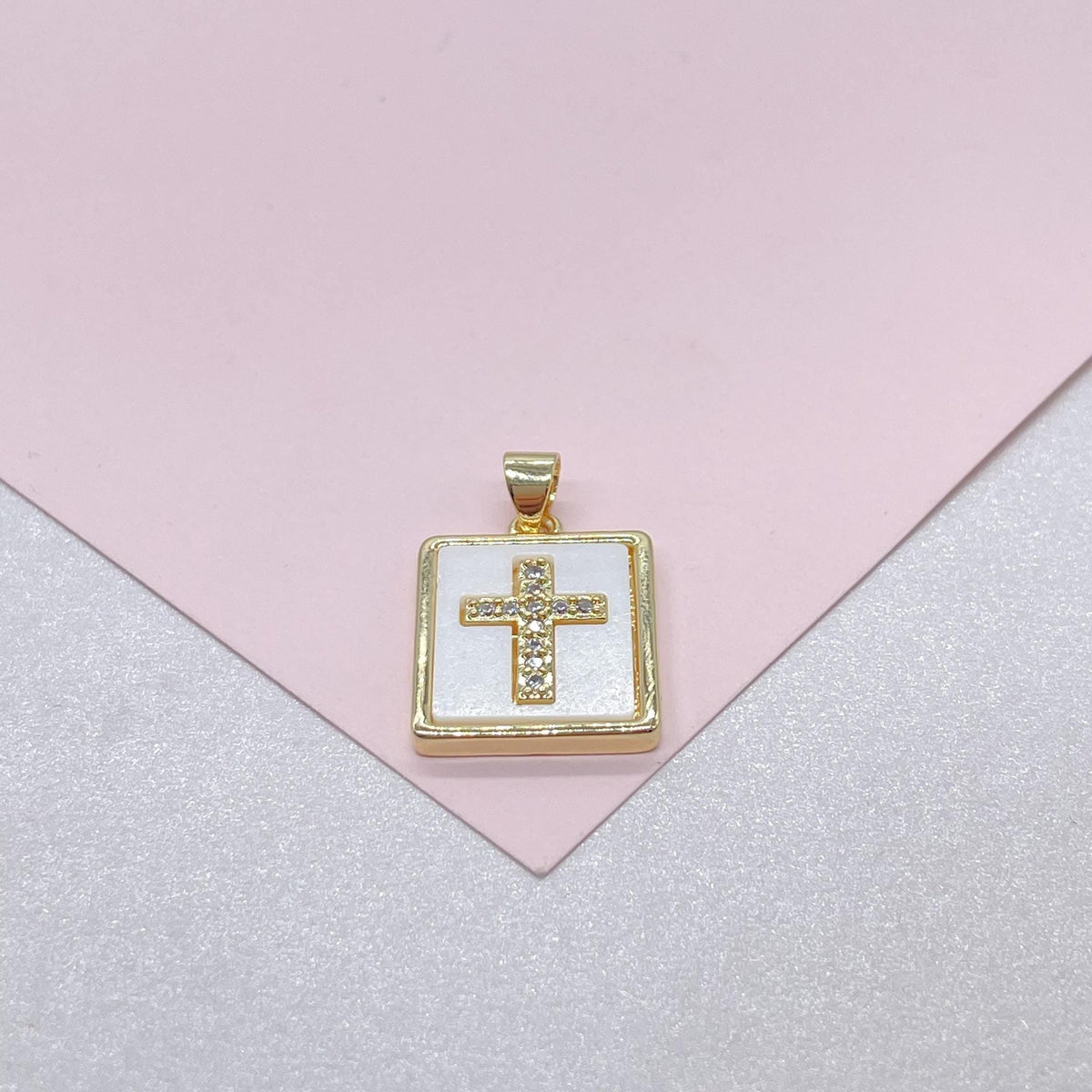 18k Gold Filled Square Medallion Pendant: CZ Cross, Faux Pearl