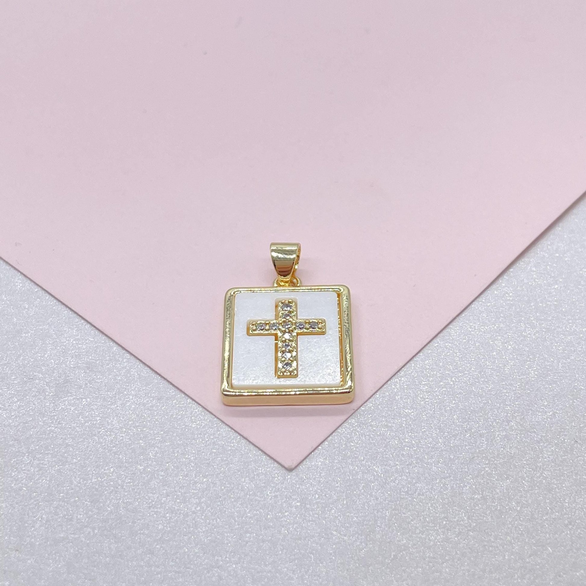 18k Gold Filled Square Medallion Pendant: CZ Cross, Faux Pearl