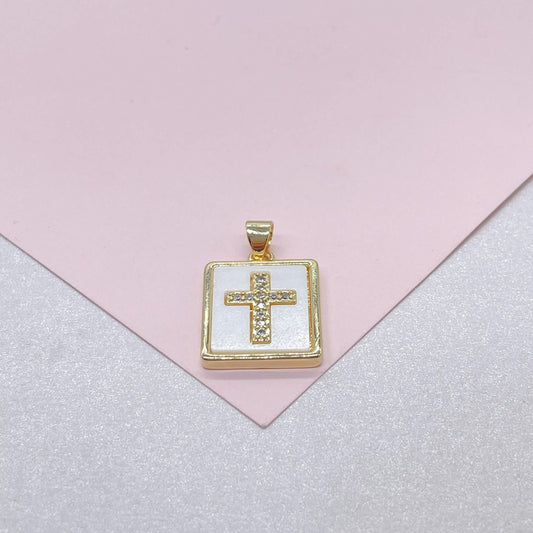 18k Gold Filled Square Medallion Pendant: CZ Cross, Faux Pearl
