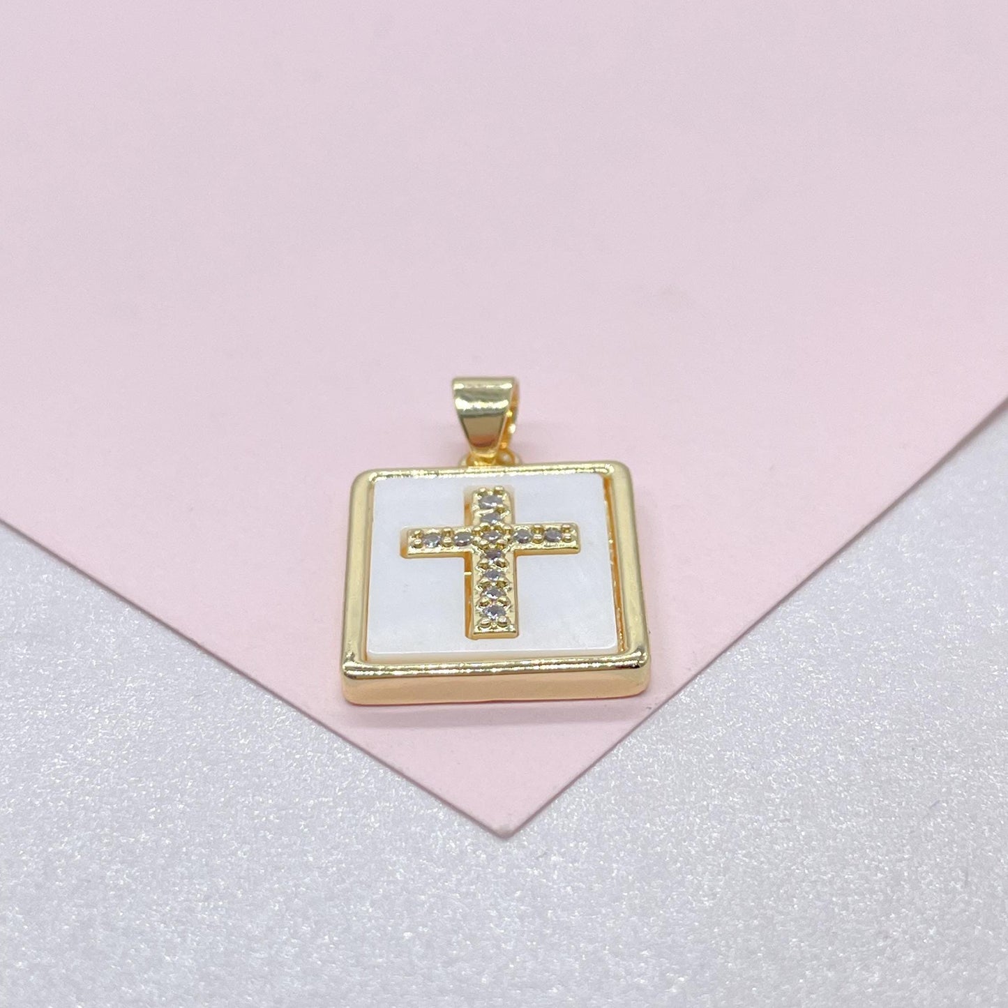 18k Gold Filled Square Medallion Pendant with CZ Cross in Center, for chains, charm necklaces, bracelets, religious jewelry