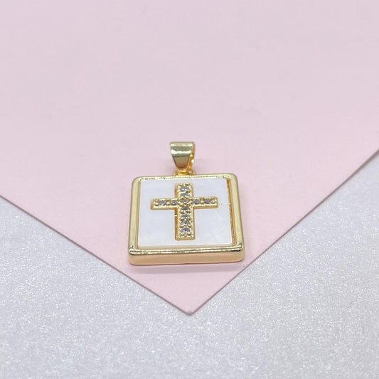 18k Gold Filled Square Medallion Pendant with CZ Cross in Center, for chains, charm necklaces, bracelets, religious jewelry