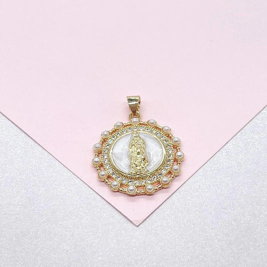 18k Gold Filled Round Virgin Mary Medallion Pendant Crowned with CZ and Round Rice Pearls, Medallion Necklace, Guadalupe Charm