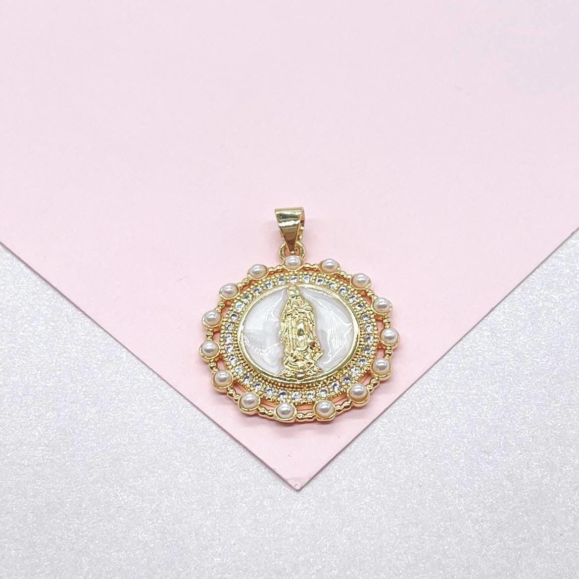18k Gold Filled Virgin Mary Medallion Pendant: CZ & Rice Pearl Crown