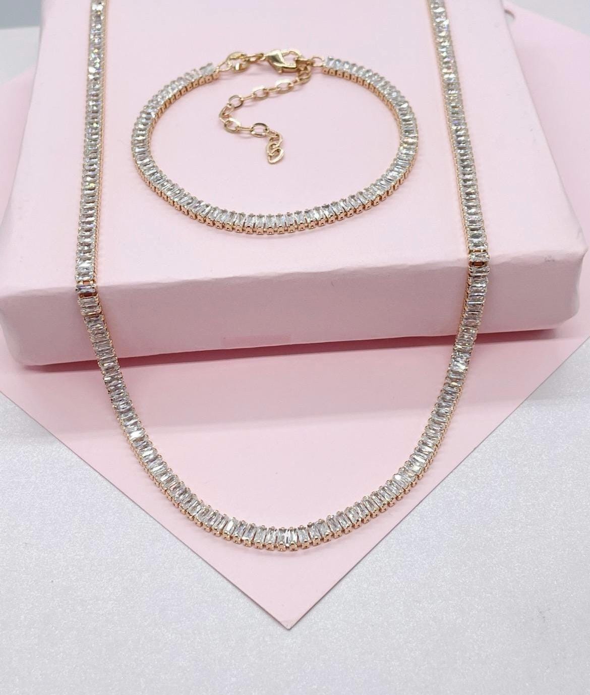 Gorgeous 18k Gold Filled Dainty Baguette Cubic Zirconia Set Choker Necklace and Bracelet And Jewelry Making Supplies