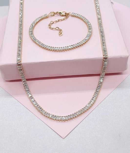 Gorgeous 18k Gold Filled Dainty Baguette Cubic Zirconia Set Choker Necklace and Bracelet And Jewelry Making Supplies
