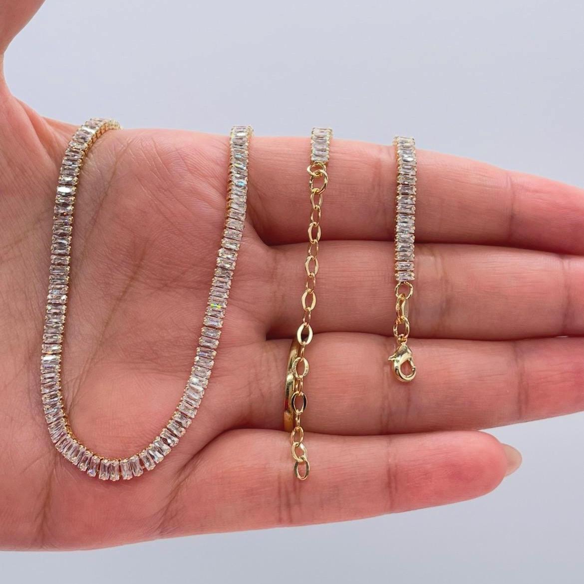 Gorgeous 18k Gold Filled Dainty Baguette Cubic Zirconia Set Choker Necklace and Bracelet And Jewelry Making Supplies