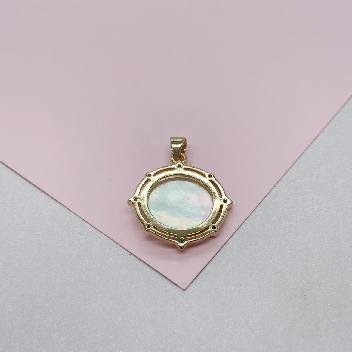 18k Gold Filled Virgin Mary/Guadalupe Mother of Pearl Medallion Charm with Beveled CZ, Guadalupe Necklace, Virgin Mary Charm
