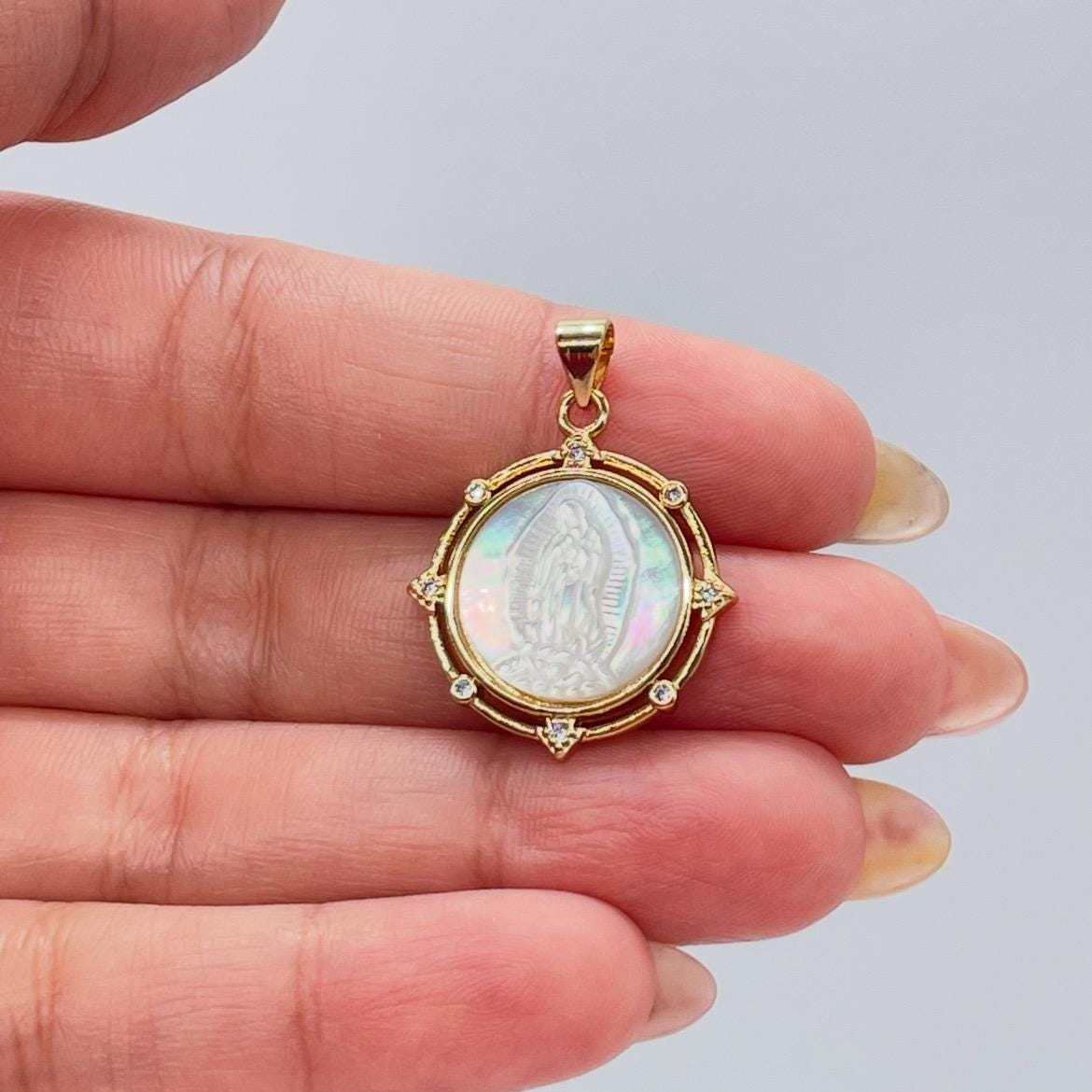 18k Gold Filled Virgin Mary/Guadalupe Mother of Pearl Medallion Charm with Beveled CZ, Guadalupe Necklace, Virgin Mary Charm