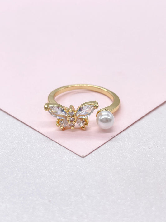 Adjustable 18k Gold Filled Dual Ended Butterfly Ring With CZ and Pearl