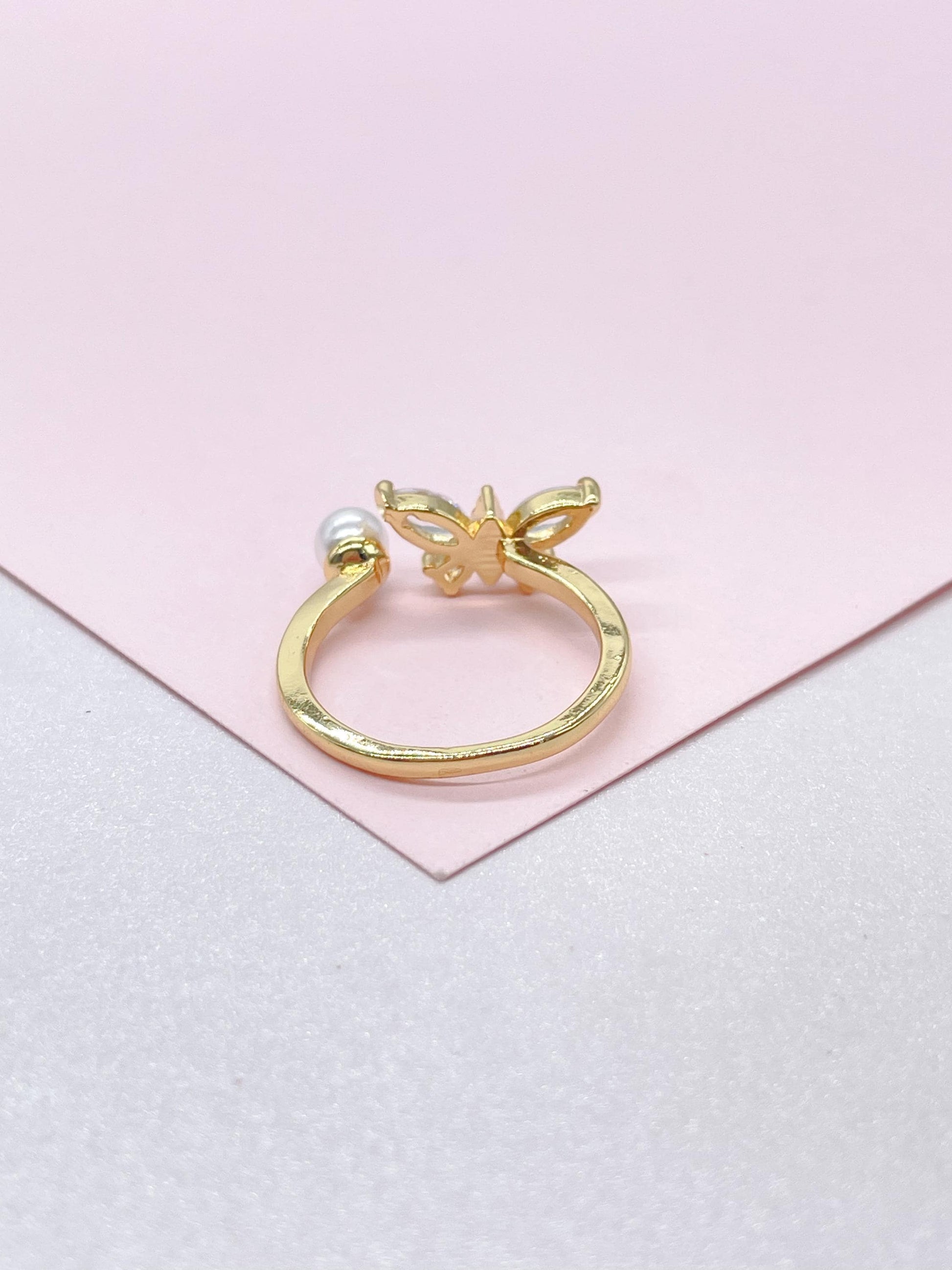 Adjustable 18k Gold Filled Dual Ended Butterfly Ring With CZ and Pearl