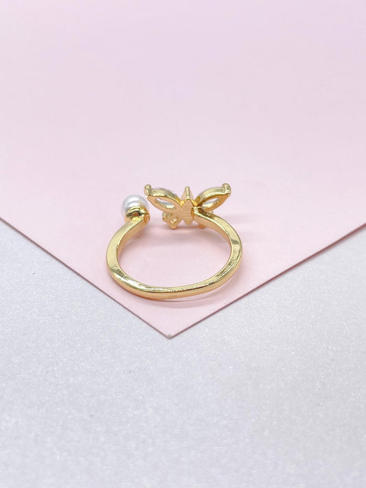 Adjustable 18k Gold Filled Dual Ended Butterfly Ring With CZ and Pearl