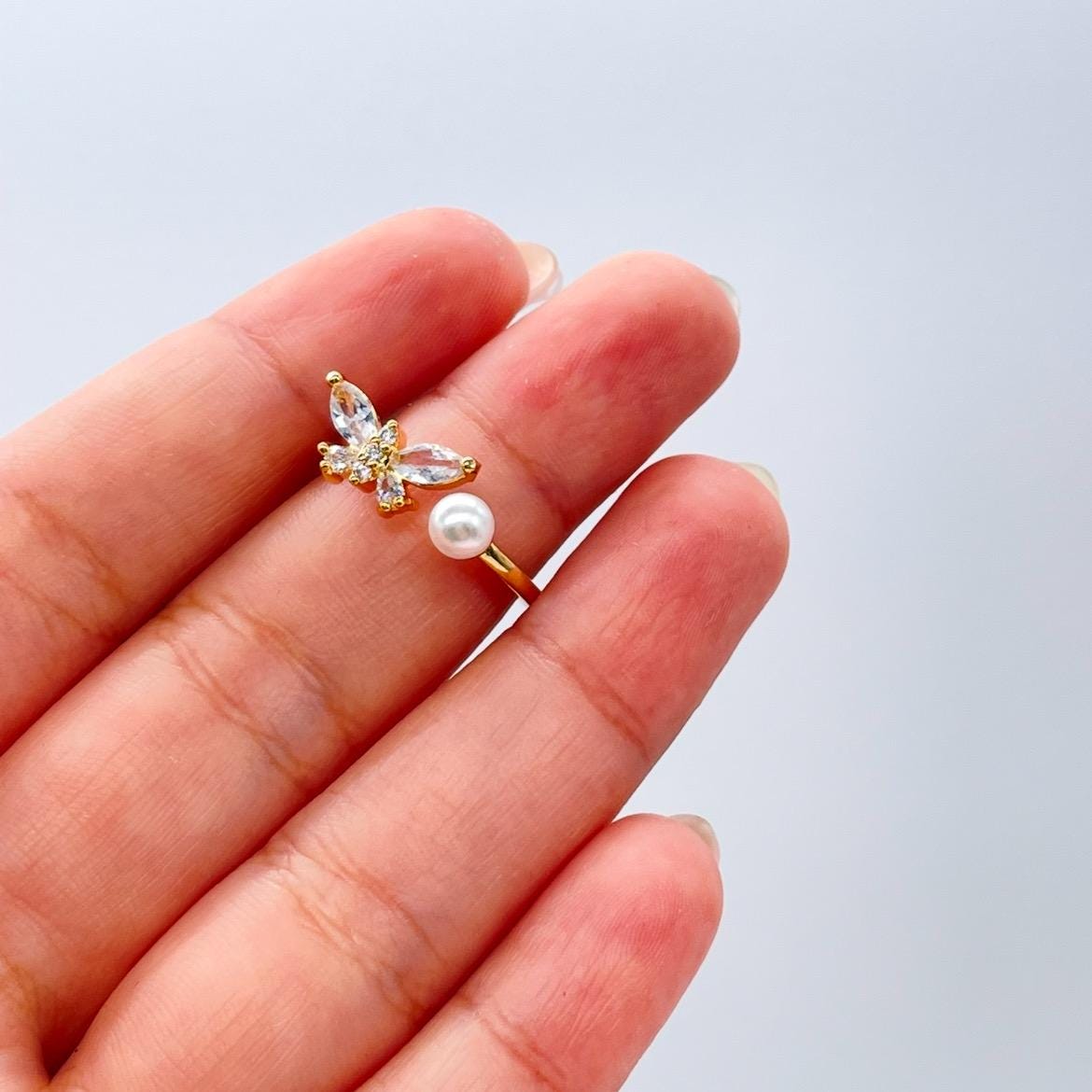 Adjustable 18k Gold Filled Dual Ended Butterfly Ring With CZ and Pearl