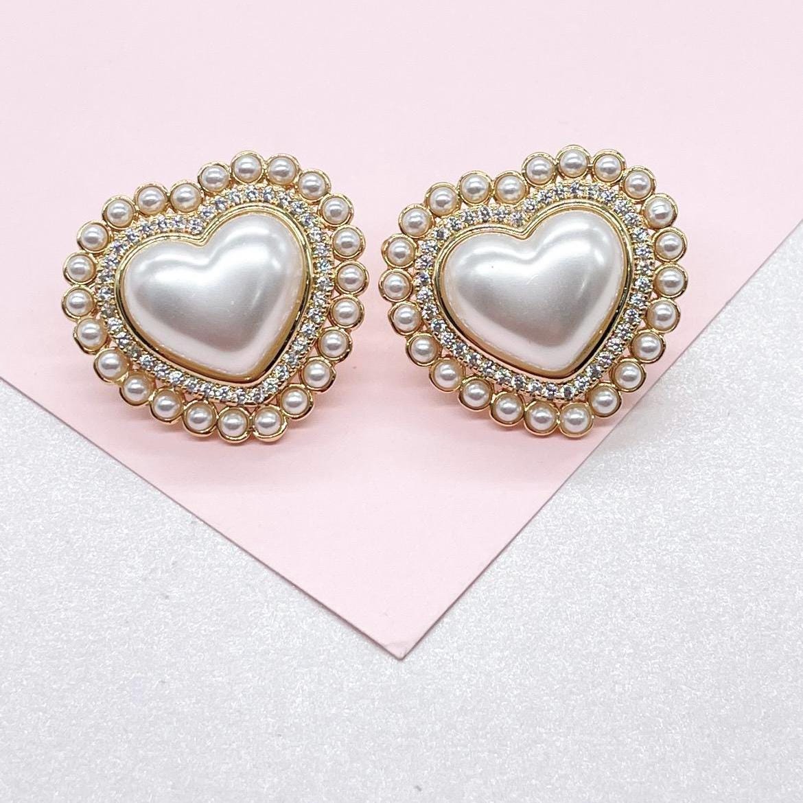 18k Gold Filled XL Puffy Heart Stud Earrings, Crowned with CZ and Round Rice Pearl