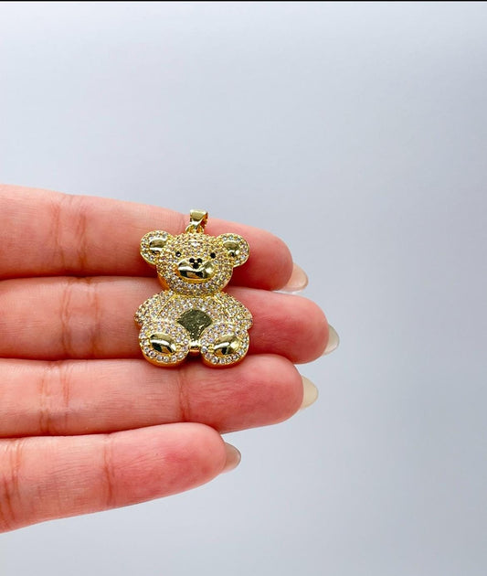 18k Gold Filled Flat, and Puffy CZ Bear Pendant Charm For Jewellery Making Or Necklace