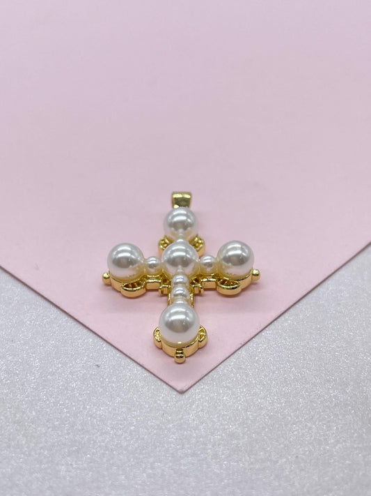 18k Gold Filled Faux all around Pearl Style Cross Pendant