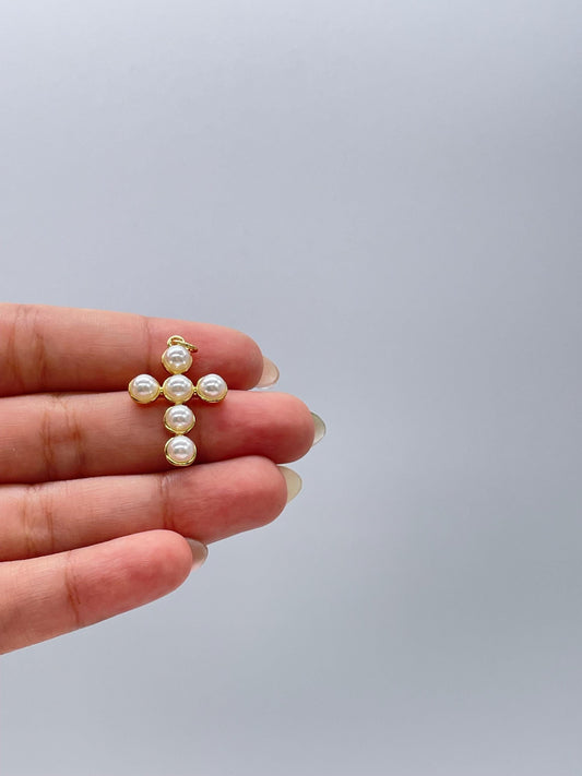 18k Gold Filled Faux XL Puffy Pearl Style Cross Pendant