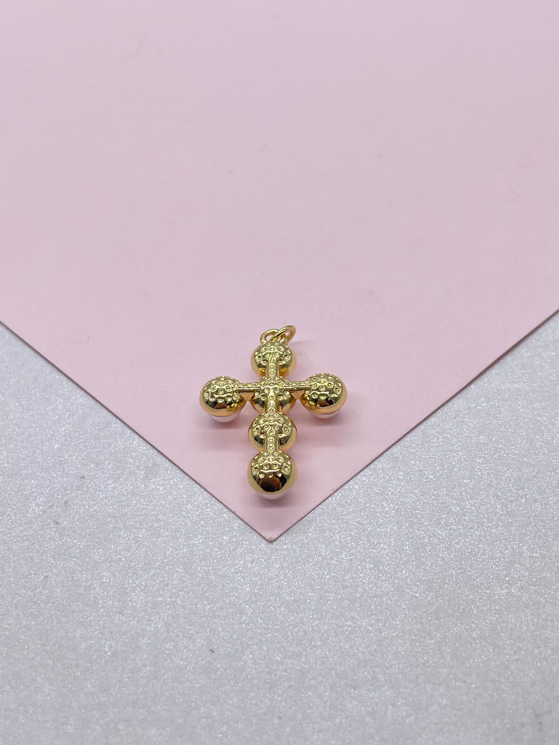 18k Gold Filled Faux XL Puffy Pearl Style Cross Pendant