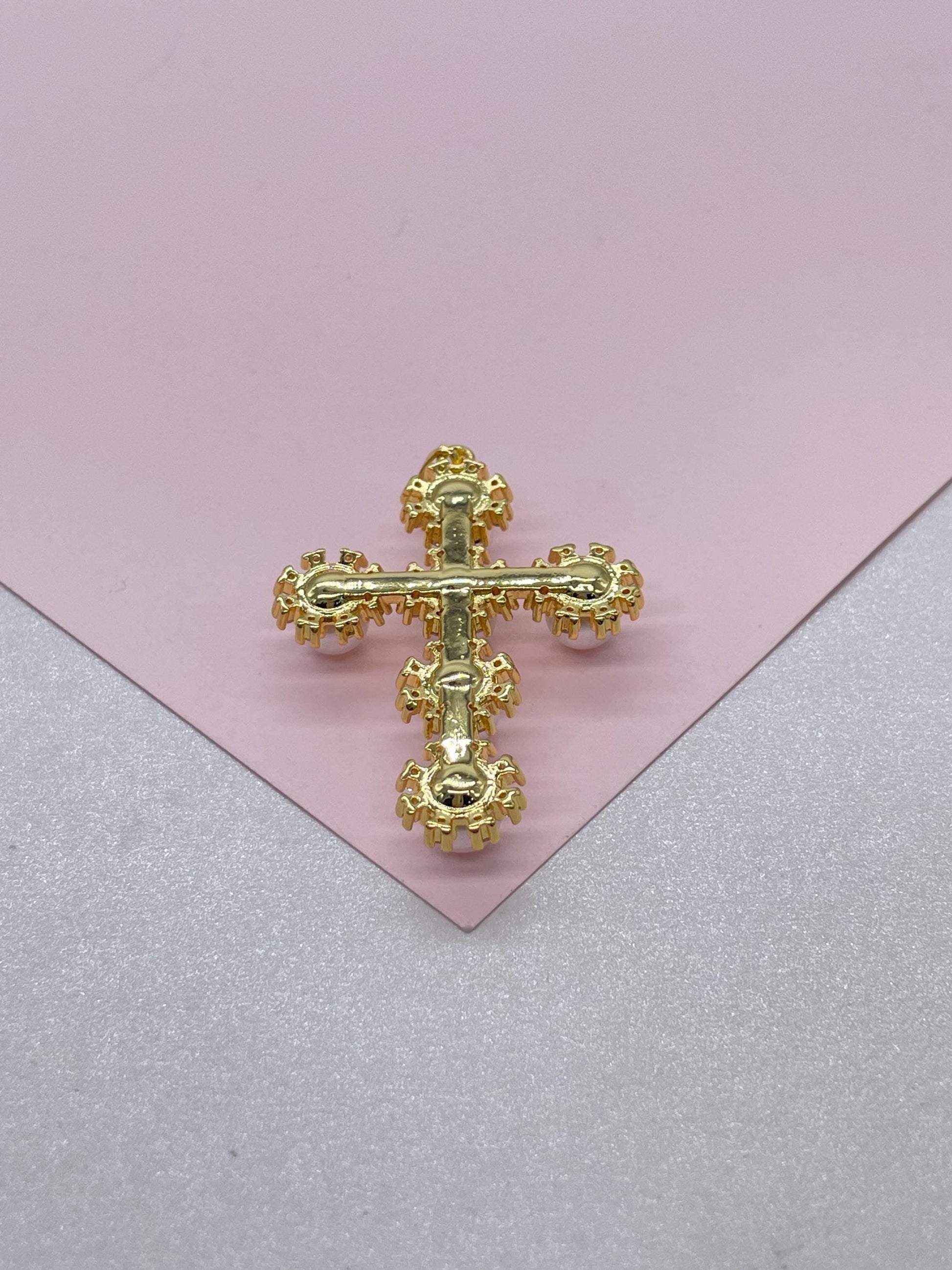 18k Gold Filled Faux All Around CZ Pearl Style Cross Pendant