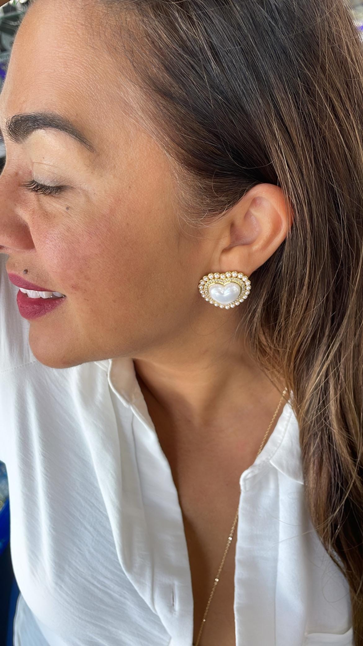 18k Gold Filled XL Puffy Heart Stud Earrings, Crowned with CZ and Round Rice Pearl