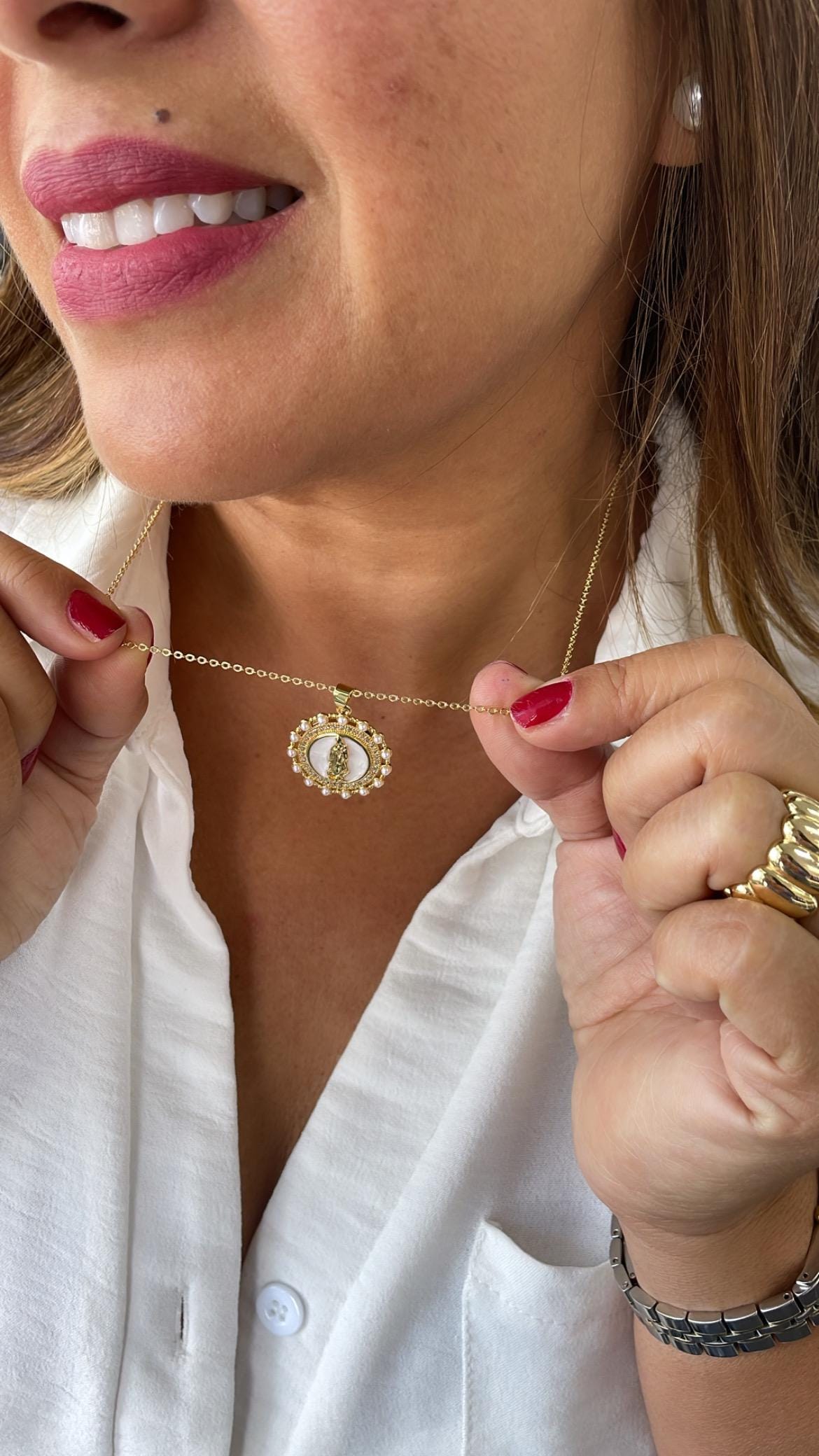 18k Gold Filled Round Virgin Mary Medallion Pendant Crowned with CZ and Round Rice Pearls, Medallion Necklace, Guadalupe Charm