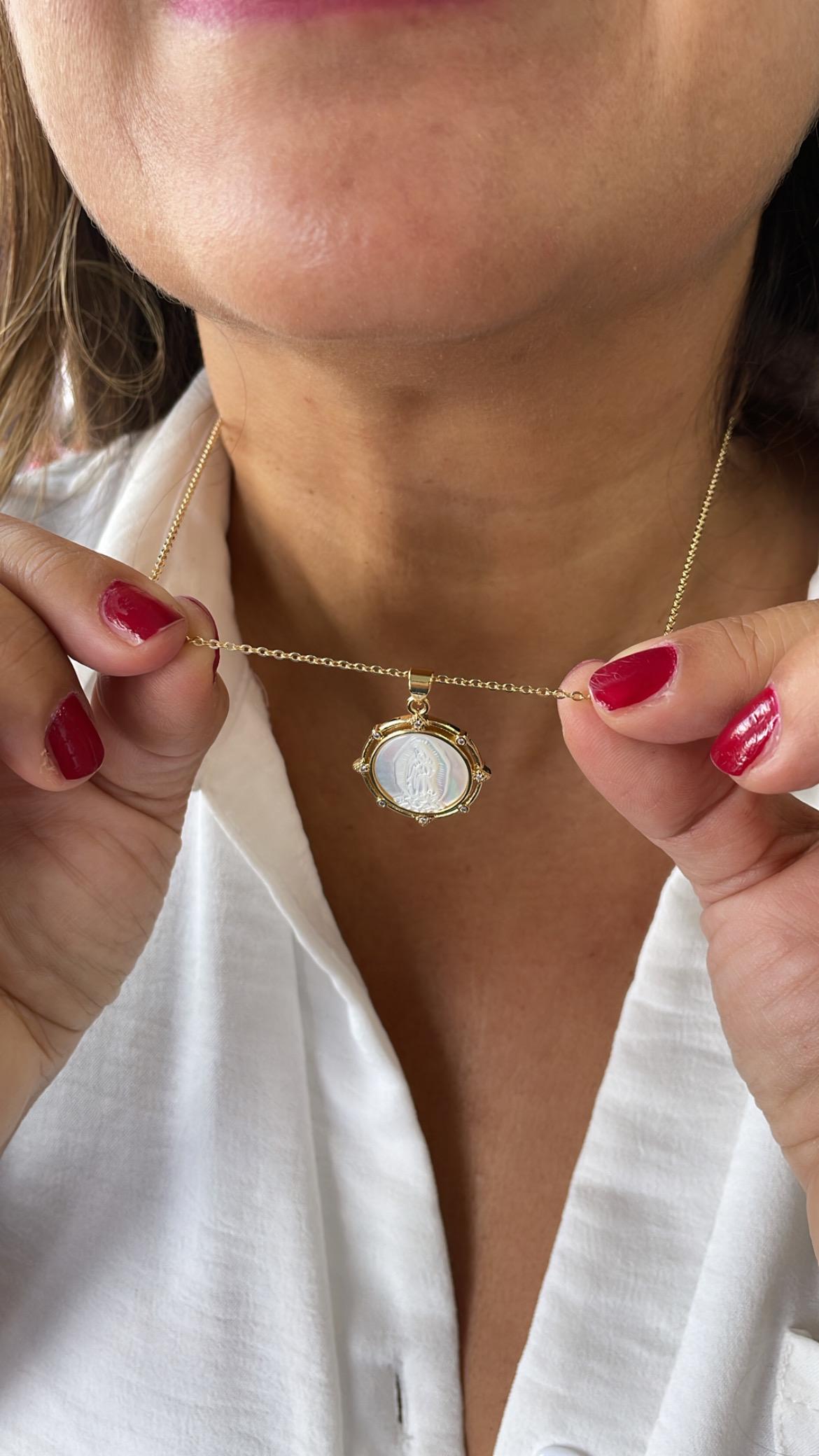 18k Gold Filled Virgin Mary/Guadalupe Mother of Pearl Medallion Charm with Beveled CZ, Guadalupe Necklace, Virgin Mary Charm