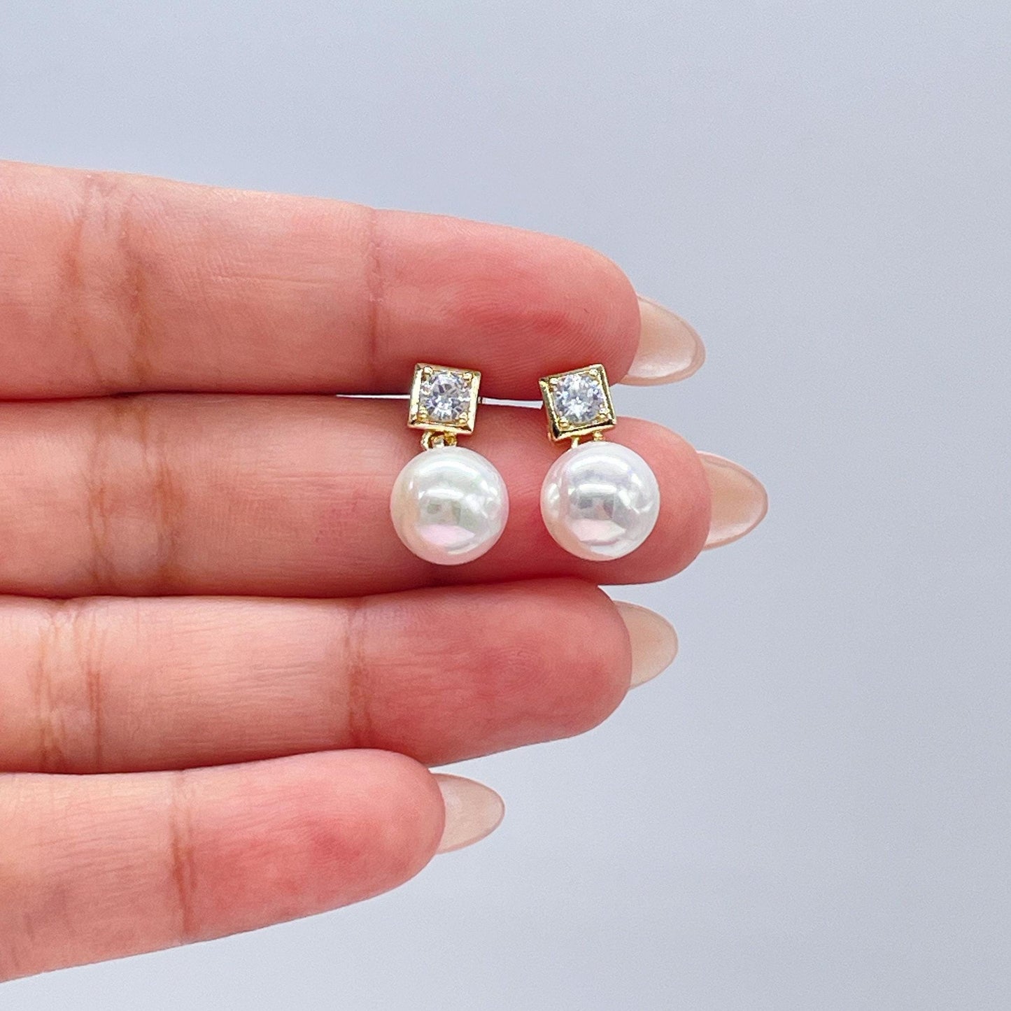 18k Gold Filled Circle Cut CZ Stone Earring With Large Hanging Pearl