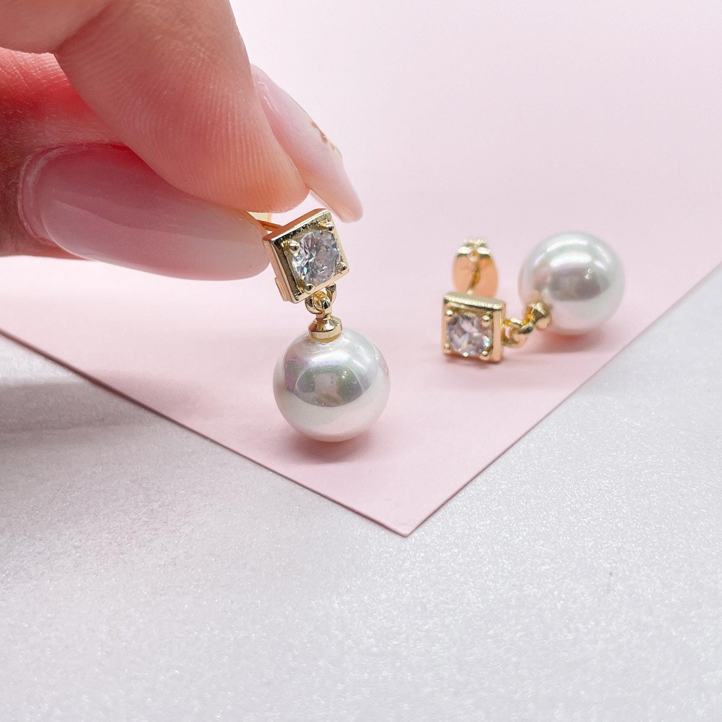 18k Gold Filled Circle Cut CZ Stone Earring With Large Hanging Pearl