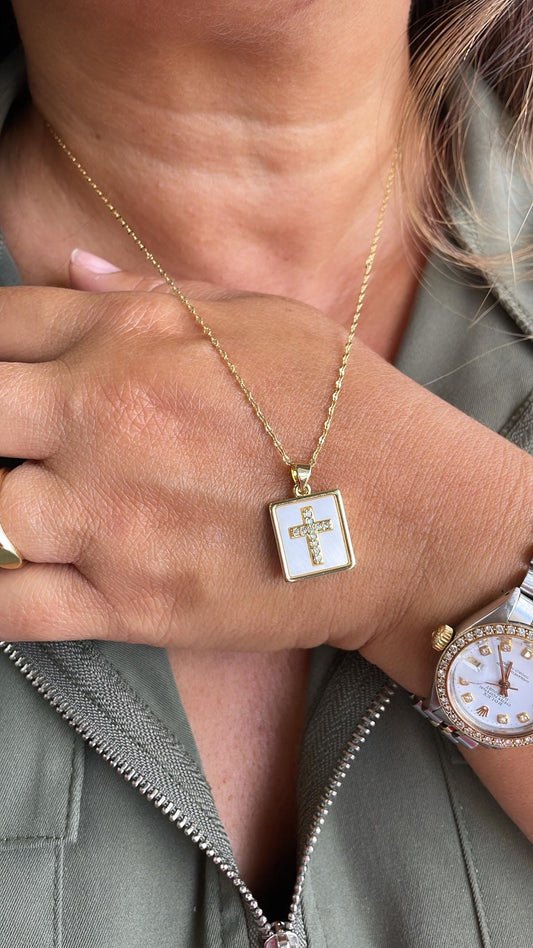 18k Gold Filled Square Medallion Pendant: CZ Cross, Faux Pearl