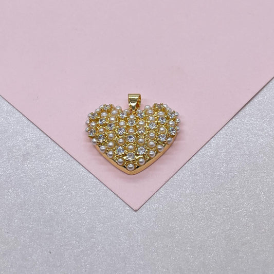 18k Gold Filled Puffy Heart Crowned with Pearl Beads