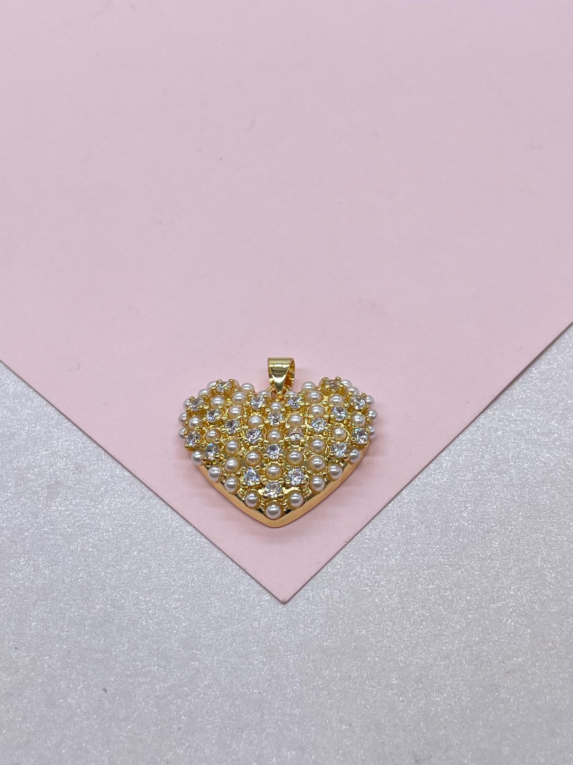 18k Gold Filled Puffy Heart Crowned with Pearl Beads