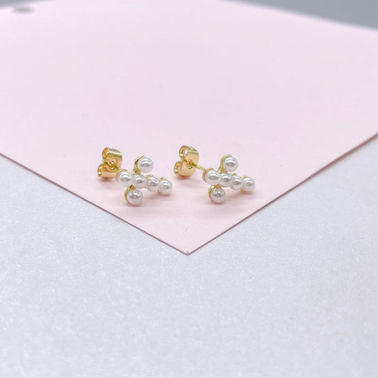 18k Gold Filled Tiny Cross Beaded Pearl Stud Earring, Christening Jewelry, Cross Earrings, Pearl Cross, Dainty Cross