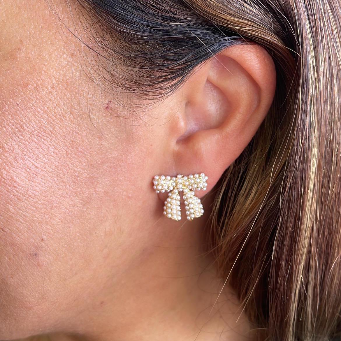 18k Gold Filled Bow Stud Earring With Engraved Baby Faux Pearl