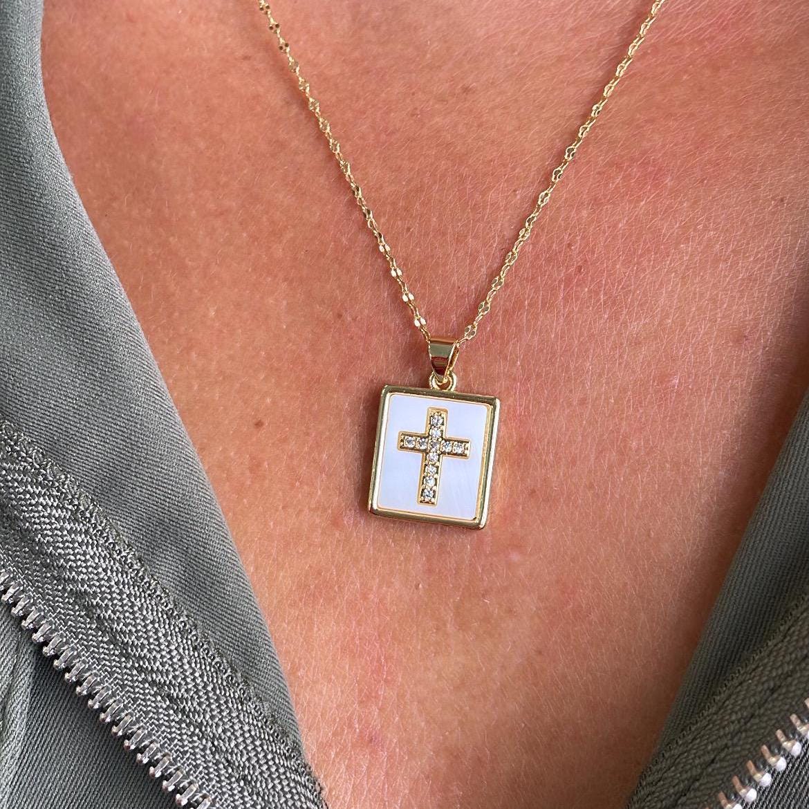 18k Gold Filled Square Medallion Pendant with CZ Cross in Center, for chains, charm necklaces, bracelets, religious jewelry
