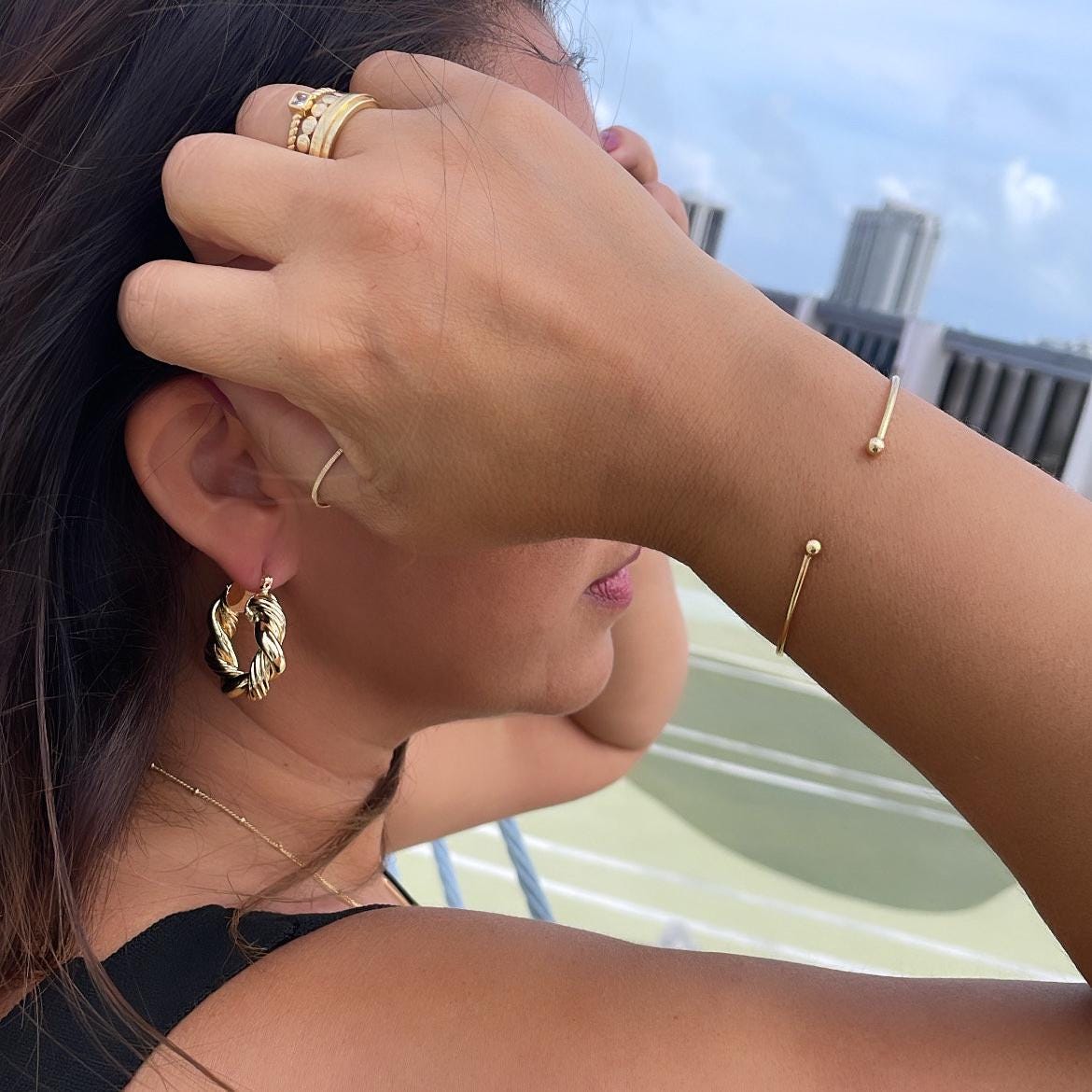 18k Gold Filled Plain Dainty Cuff Bracelet With Tiny Balls as Ends