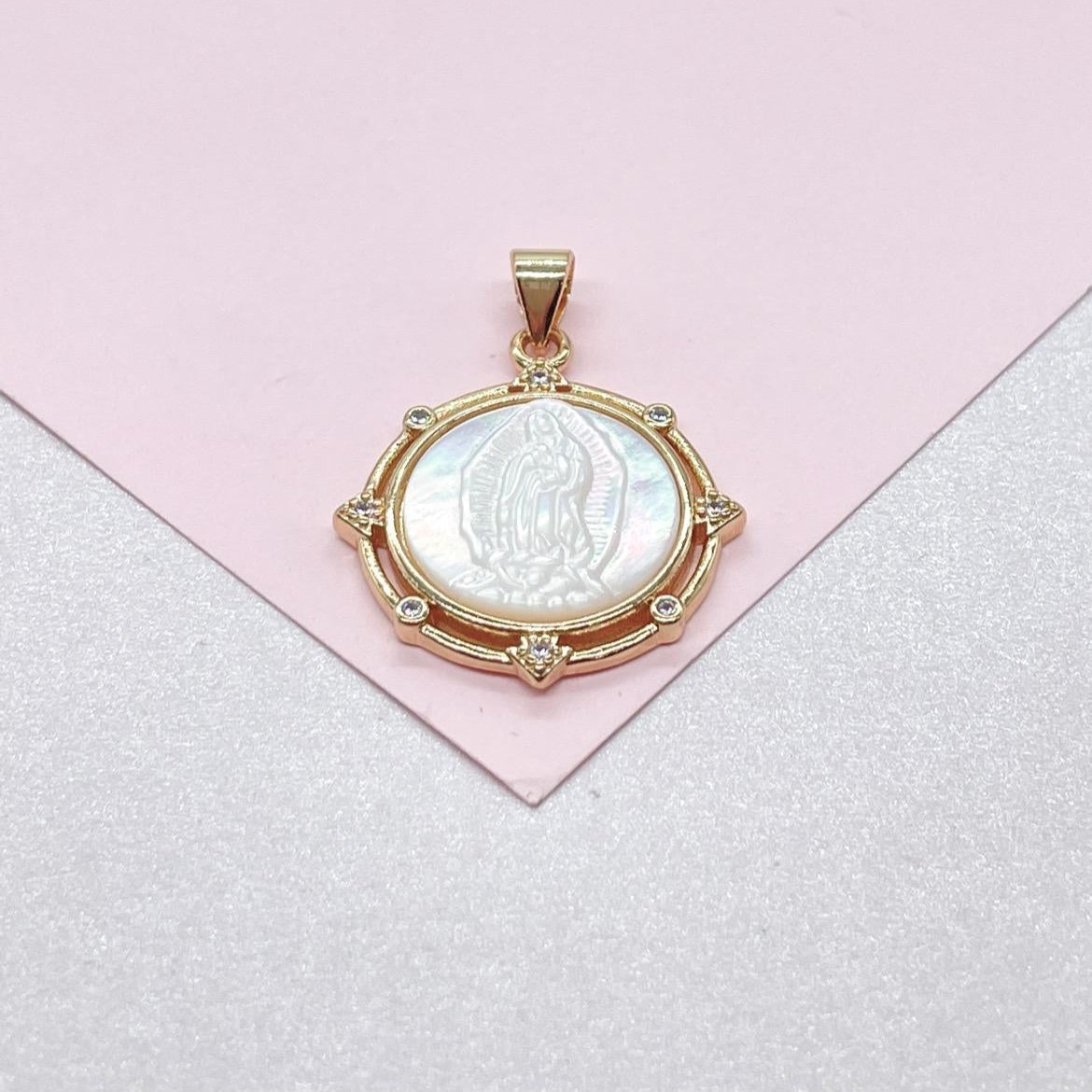 18k Gold Filled Virgin Mary/Guadalupe Mother of Pearl Medallion Charm with Beveled CZ, Guadalupe Necklace, Virgin Mary Charm