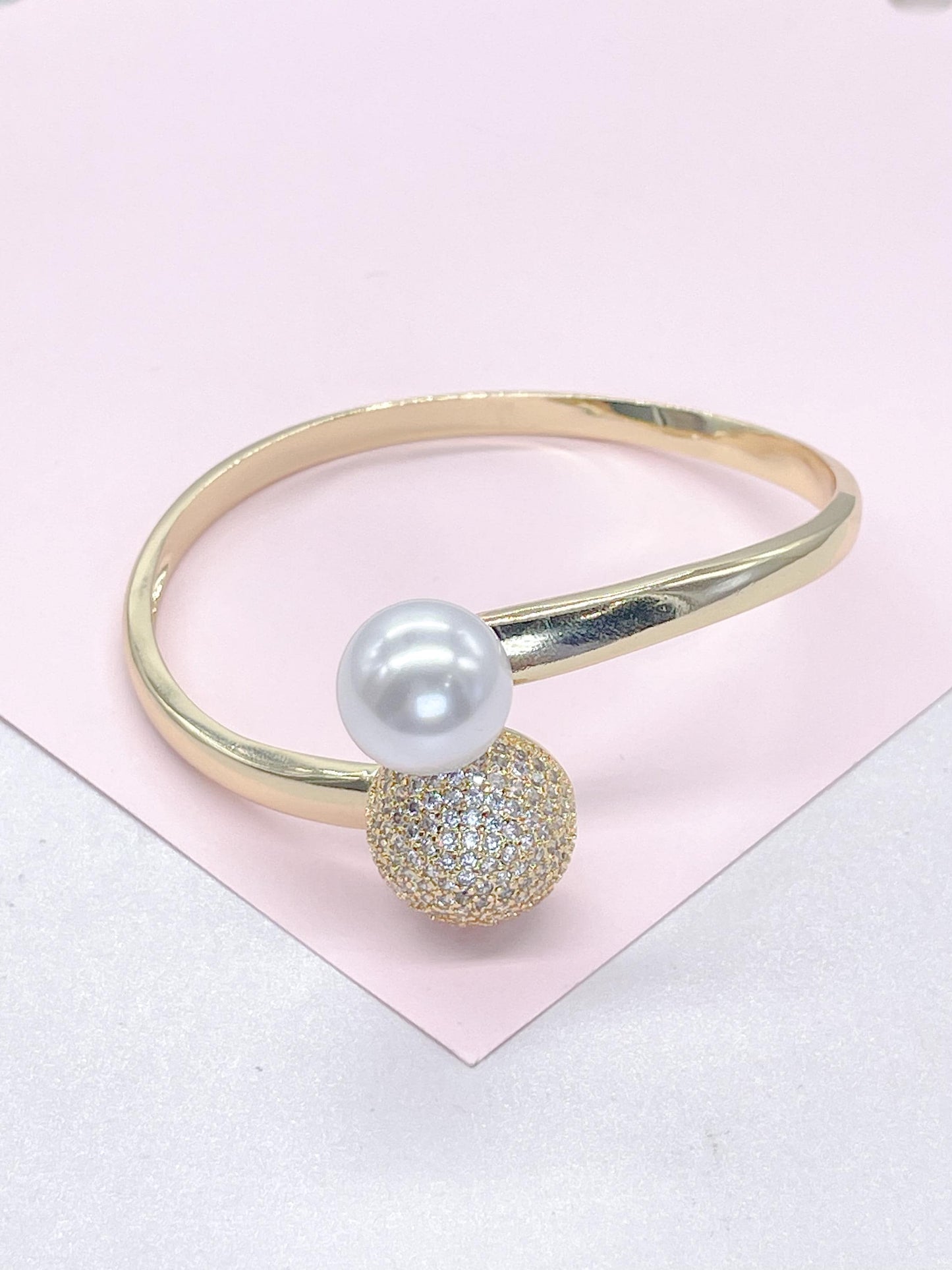 18k Gold Filled Smooth Bangle Dual Ended With Pearl and CZ